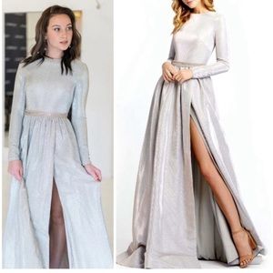 Mac Duggal Long Sleeve Glitter Crystal Ball Gown